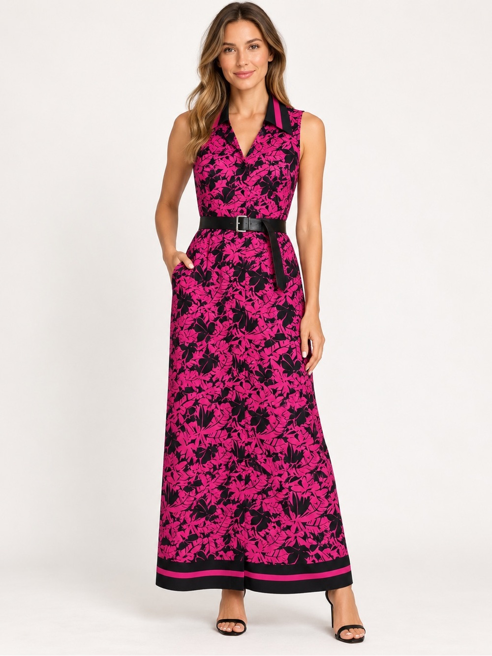 MICHAEL Michael Kors Pink and Black Floral Maxi Dress with Belt